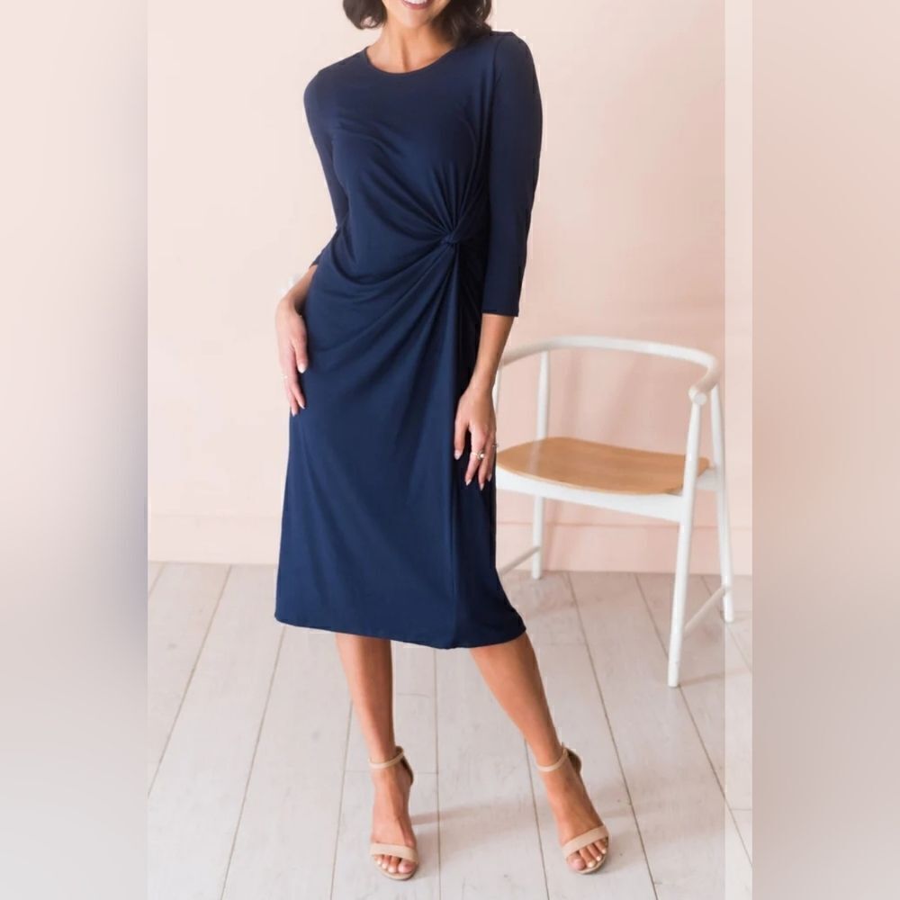 Sweet Pea Navy Jersey Knit Dress Ruched Waist Midi Length